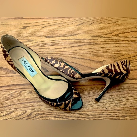 Jimmy Choo Black Browns Animal Print Heels Peep Toe Pumps Shoes 37.5 US 7 Fall - Picture 8 of 13